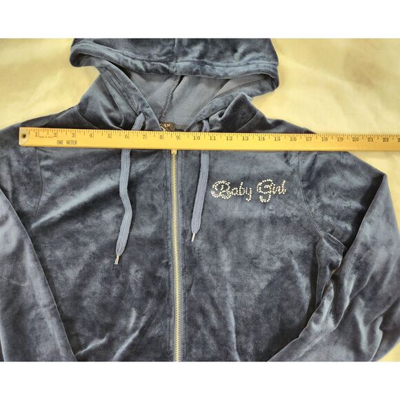 Urban Love Velour Zip Hoodie Jacket Size L Navy Y2K Cropped Rhinestone Lounge - Picture 8 of 9
